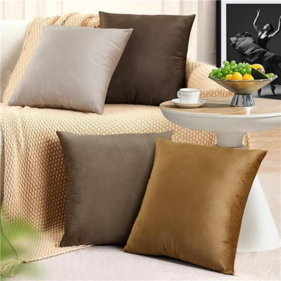 Velvet Throw Pillow Covers 18x18 Set of 4 Brown Decorative Cushion Cases for Sof - Picture 1 of 7